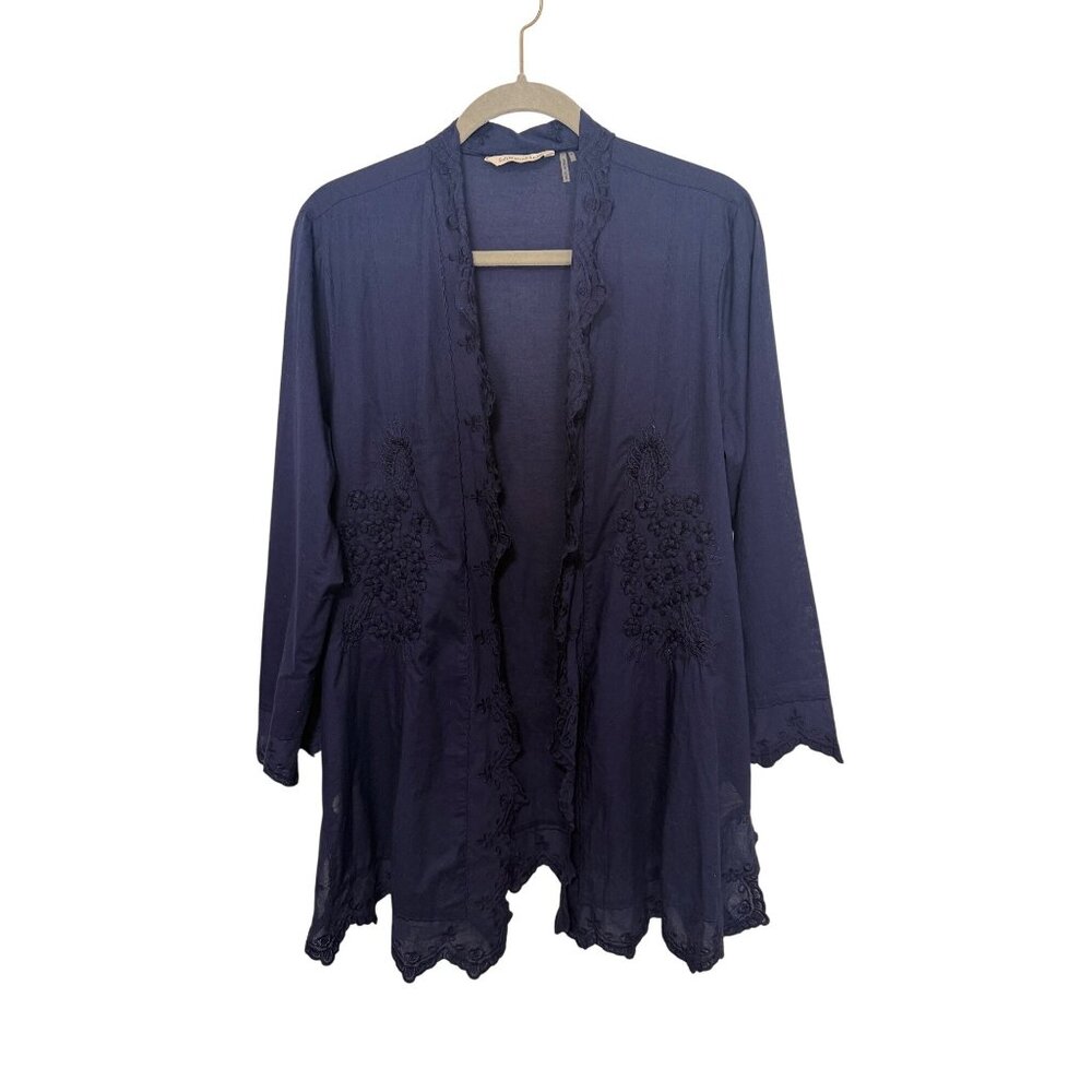 Soft Surroundings Kimono/Cardigan Navy Cotton with Embroidery Womans PL